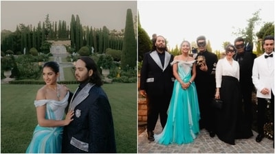 For one of the festivities, Radhika Merchant chose a custom Versace gown that transformed her into a Disney Princess. The off-shoulder couture look reminded fans of another Versace Atelier gown Radhika chose during her pre-wedding celebrations in Jamnagar. This ensemble came in metallic silver and blue shades adorned with a ruffled skirt and shimmering embellishments. (Epic Stories, Instagram/@dietsabya) For one of the festivities, Radhika Merchant chose a custom Versace gown that transformed her into a Disney Princess. The off-shoulder couture look reminded fans of another Versace Atelier gown Radhika chose during her pre-wedding celebrations in Jamnagar. This ensemble came in metallic silver and blue shades adorned with a ruffled skirt and shimmering embellishments. (Epic Stories, Instagram/@dietsabya)