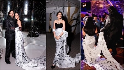 Another outfit Radhika chose during her Italy pre-wedding bash was a custom Robert Wun gown covered in a love letter that Anant Ambani wrote to her when she was a student at NYU. It was one of her first looks during the celebrations. The black-and-white ensemble boasts an off-shoulder neckline, a corset bust, a draped silhouette, and a long train. Loose centre-parted locks, diamond jewellery, sheer Opera gloves, and minimal makeup rounded off the look. (Instagram/@dietsabya) Another outfit Radhika chose during her Italy pre-wedding bash was a custom Robert Wun gown covered in a love letter that Anant Ambani wrote to her when she was a student at NYU. It was one of her first looks during the celebrations. The black-and-white ensemble boasts an off-shoulder neckline, a corset bust, a draped silhouette, and a long train. Loose centre-parted locks, diamond jewellery, sheer Opera gloves, and minimal makeup rounded off the look. (Instagram/@dietsabya)