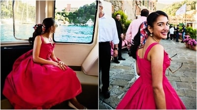 The last look Radhika chose to end the celebrations in Portofino was an archival piece from Dior. She wore a raspberry pink cocktail dress from Christian Dior's Autumn Winter 1959 Haute Couture collection designed by Yves Saint Laurent. (German Larkin, Signe Vilstrup) The last look Radhika chose to end the celebrations in Portofino was an archival piece from Dior. She wore a raspberry pink cocktail dress from Christian Dior's Autumn Winter 1959 Haute Couture collection designed by Yves Saint Laurent. (German Larkin, Signe Vilstrup)