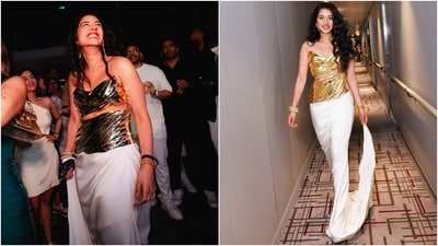 Radhika wore another custom haute couture look for her pre-wedding festivities—a majestic ivory double satin draped gown by Tamara Ralph, styled by Rhea Kapoor. (Joseph Radhik, Instagram/@dietsabya) Radhika wore another custom haute couture look for her pre-wedding festivities—a majestic ivory double satin draped gown by Tamara Ralph, styled by Rhea Kapoor. (Joseph Radhik, Instagram/@dietsabya)