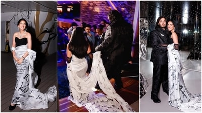 Radhika also wore a custom 3D-carved gold bust and a white satin floor-grazing skirt by Grace Ling. In the ensemble, the bride-to-be transformed into a space goddess. She styled the ensemble with gold bracelets, rings, drop earrings, striking makeup, and loose curly locks. (Joseph Radhik, German Larkin) Radhika also wore a custom 3D-carved gold bust and a white satin floor-grazing skirt by Grace Ling. In the ensemble, the bride-to-be transformed into a space goddess. She styled the ensemble with gold bracelets, rings, drop earrings, striking makeup, and loose curly locks. (Joseph Radhik, German Larkin)