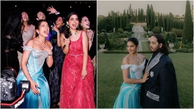 The first picture shows Radhika Merchant having a blast with Isha Ambani and her friends during the celebrations at the chateau. In the second click, the couple pose for a magical picture in front of the chateau. (German Larkin, Epic Stories) The first picture shows Radhika Merchant having a blast with Isha Ambani and her friends during the celebrations at the chateau. In the second click, the couple pose for a magical picture in front of the chateau. (German Larkin, Epic Stories)