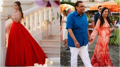 Isha Ambani's two looks from the four-day gala. She wore the first ensemble to the masquerade ball. The couture rose-adorned backless blouse and voluminous skirt are by Tamara Ralph. As for the second dress, she wore the breezy look in Portofino. (Joseph Radhik) Isha Ambani's two looks from the four-day gala. She wore the first ensemble to the masquerade ball. The couture rose-adorned backless blouse and voluminous skirt are by Tamara Ralph. As for the second dress, she wore the breezy look in Portofino. (Joseph Radhik)