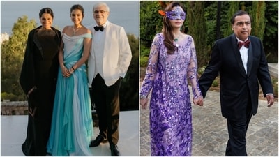 Radhika Merchant's parents, Shaila Merchant and Viren Merchant, pose with the bride-to-be in Château de la Croix des Gardes, Cannes, where the Ambani family hosted a masquerade ball. Nita and Mukesh Ambani arrive hand in hand at the masquerade ball, dressed to the nines. (Epic Stories, German Larkin) Radhika Merchant's parents, Shaila Merchant and Viren Merchant, pose with the bride-to-be in Château de la Croix des Gardes, Cannes, where the Ambani family hosted a masquerade ball. Nita and Mukesh Ambani arrive hand in hand at the masquerade ball, dressed to the nines. (Epic Stories, German Larkin)