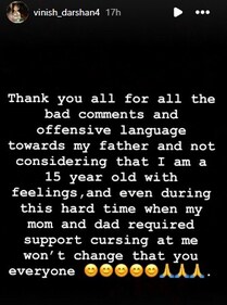 A screen grab of Vinish Darshan's Instagram stories.