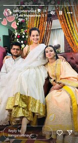 Kangana Ranaut posed with her cousin and his wife on their wedding. Kangana Ranaut posed with her cousin and his wife on their wedding.