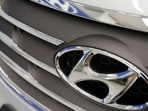 The logo of Hyundai Motor is seen on a car displayed at a Hyundai dealership in Seoul.