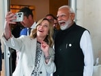Prime Minister Narendra Modi poses for a selfie with Italian PM Giorgia Meloni on the sidelines of the G7 Outreach Summit, in Apulia on Saturday.
Prime Minister Narendra Modi poses for a selfie with Italian PM Giorgia Meloni on the sidelines of the G7 Outreach Summit, in Apulia on Saturday.