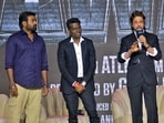 Shah Rukh Khan addresses a press conference on the success of his film Jawan, as director Atlee Kumar and actors Vijay Sethupathi and Deepika Padukone look on in Mumbai in 2023. (File Photo/ANI)