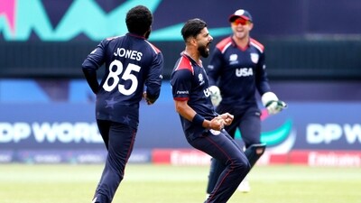 USA's Ali Khan celebrates the dismissal of India's Rishabh Pant during their Group A match in the ICC T20 World Cup 2024, at Nassau County International Cricket Stadium in New York on Wednesday. (ANI Photo/Surjeet Yadav) (Surjeet Yadav) USA's Ali Khan celebrates the dismissal of India's Rishabh Pant during their Group A match in the ICC T20 World Cup 2024, at Nassau County International Cricket Stadium in New York on Wednesday. (ANI Photo/Surjeet Yadav) (Surjeet Yadav)