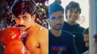 Akira Nandan did not seem to mind the crowd mobbing him as he caught a screening of his father, Pawan Kalyan's Thammudu. Akira Nandan did not seem to mind the crowd mobbing him as he caught a screening of his father, Pawan Kalyan's Thammudu.