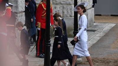 Prince George, Princess Charlotte and Prince Louis join their mother, Britain's Catherine, Princess of Wales, at the Trooping the Colour parade, which honours King Charles on his official birthday in London, Britain, June 15, 2024. (REUTERS)