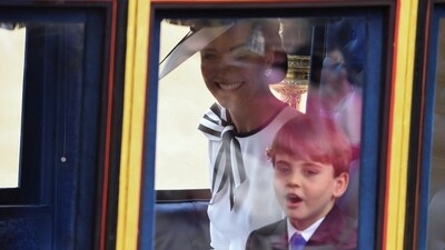 Britain's Catherine, Princess of Wales and Prince Louis react as they arrive for the Trooping the Colour parade which honours King Charles on his official birthday in London, Britain, June 15, 2024. (REUTERS)