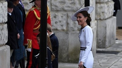 Britain's Catherine, Princess of Wales, walks with her children during the Trooping the Colour parade which honours King Charles on his official birthday in London, Britain, June 15, 2024. (REUTERS)