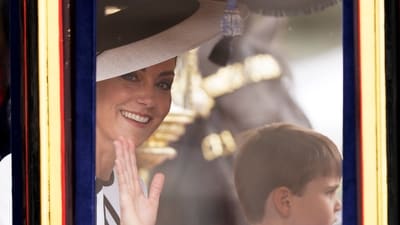 Kate, Princess of Wales, waves to the crowd with her youngest son, Prince Louis of Wales, alongside her as they travel along the Mall to attend the Trooping the Color ceremony in London on Saturday, June 15, 2024. Trooping the Color is the King's Birthday Parade and one of the nation's most impressive and iconic annual events attended by almost every member of the Royal Family. (AP) Kate, Princess of Wales, waves to the crowd with her youngest son, Prince Louis of Wales, alongside her as they travel along the Mall to attend the Trooping the Color ceremony in London on Saturday, June 15, 2024. Trooping the Color is the King's Birthday Parade and one of the nation's most impressive and iconic annual events attended by almost every member of the Royal Family. (AP)