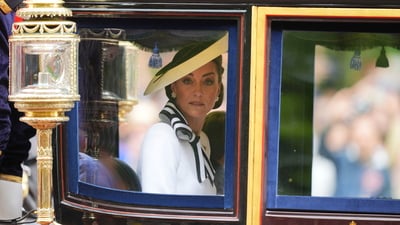 Britain's Kate, Princess of Wales, travels along The Mall to the Trooping the Colour ceremony at the Horse Guards Parade, London, on Saturday, June 15, 2024. Britain is putting on a display of birthday pageantry for King Charles III, a military parade that is the Princess of Wales’ first public appearance since her cancer diagnosis early this year. (James Manning/PA via AP) (AP) Britain's Kate, Princess of Wales, travels along The Mall to the Trooping the Colour ceremony at the Horse Guards Parade, London, on Saturday, June 15, 2024. Britain is putting on a display of birthday pageantry for King Charles III, a military parade that is the Princess of Wales’ first public appearance since her cancer diagnosis early this year. (James Manning/PA via AP) (AP)
