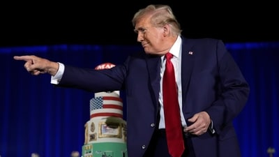 Republican presidential candidate former President Donald Trump gestures after speaking at his birthday celebration, hosted by Club 47, in West Palm Beach, Fla., Friday, June 14, 2024. (AP Photo/Gerald Herbert) (AP) Republican presidential candidate former President Donald Trump gestures after speaking at his birthday celebration, hosted by Club 47, in West Palm Beach, Fla., Friday, June 14, 2024. (AP Photo/Gerald Herbert) (AP)