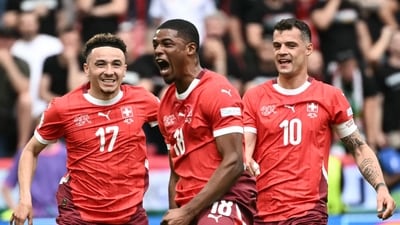 Switzerland's forward #18 Kwadwo Duah (C) celebrates scoring the opening goal with his teammates midfielder #10 Granit Xhaka (R) and midfielder #17 Ruben Vargas during the UEFA Euro 2024 (AFP) Switzerland's forward #18 Kwadwo Duah (C) celebrates scoring the opening goal with his teammates midfielder #10 Granit Xhaka (R) and midfielder #17 Ruben Vargas during the UEFA Euro 2024 (AFP)