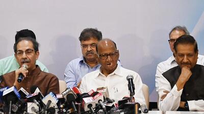 Former Maharashtra Chief Minister and Shiv Sena (Uddhav Balasaheb Thackeray) Chief Uddhav Thackeray along with NCP (Sharadchandra Pawar) chief Sharad Pawar, Congress leader Prithviraj Chavan address the Maha Vikas Aghadi (MVA) joint press conference, in Mumbai on Saturday. (ANI PHOTO) Former Maharashtra Chief Minister and Shiv Sena (Uddhav Balasaheb Thackeray) Chief Uddhav Thackeray along with NCP (Sharadchandra Pawar) chief Sharad Pawar, Congress leader Prithviraj Chavan address the Maha Vikas Aghadi (MVA) joint press conference, in Mumbai on Saturday. (ANI PHOTO)