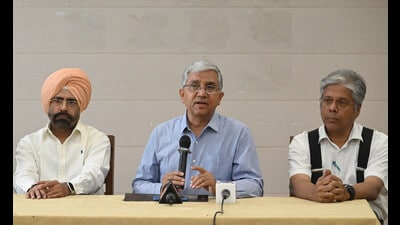 IISER director Dr Anil K Tripathi addressing the media at Chandigarh Press Club on Saturday. (Ravi Kumar/HT)