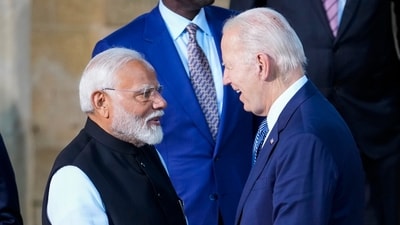 Indian Prime Minister Narendra Modi, left, talks to U.S. President Joe Biden prior a group photo at the G7 in Borgo Egnazia, near Bari in southern Italy, Friday, June 14, 2024. (AP Photo/Luca Bruno) (AP) Indian Prime Minister Narendra Modi, left, talks to U.S. President Joe Biden prior a group photo at the G7 in Borgo Egnazia, near Bari in southern Italy, Friday, June 14, 2024. (AP Photo/Luca Bruno) (AP)