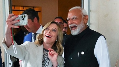Prime Minister Narendra Modi poses for a selfie with Italian PM Giorgia Meloni on the sidelines of the G7 Outreach Summit, in Apulia on Saturday. (ANI) Prime Minister Narendra Modi poses for a selfie with Italian PM Giorgia Meloni on the sidelines of the G7 Outreach Summit, in Apulia on Saturday. (ANI)