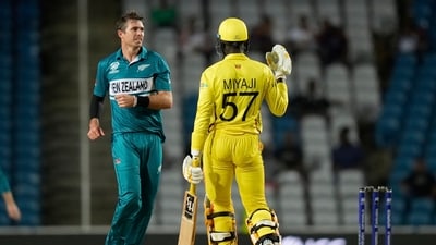New Zealand's Tim Southee, left, celebrates after trapping LBW Uganda's Miyaji Juma, right, for a duck during an ICC Men's T20 World Cup cricket match at the Brian Lara Cricket Academy in Tarouba, Trinidad and Tobago, Friday (PTI) New Zealand's Tim Southee, left, celebrates after trapping LBW Uganda's Miyaji Juma, right, for a duck during an ICC Men's T20 World Cup cricket match at the Brian Lara Cricket Academy in Tarouba, Trinidad and Tobago, Friday (PTI)