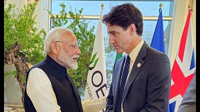 Prime Minister Narendra Modi meets Canadian PM Justin Trudeau at the G7 summit in Apulia, Italy, on Friday. (ANI) Prime Minister Narendra Modi meets Canadian PM Justin Trudeau at the G7 summit in Apulia, Italy, on Friday. (ANI)
