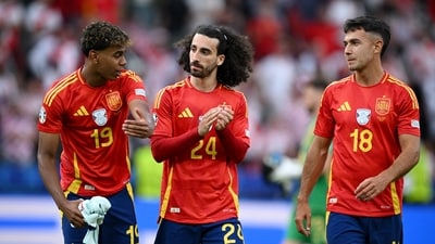 Euro 2024 - Group B - Spain v Croatia - Spain's Lamine Yamal, Marc Cucurella and Mart (REUTERS)