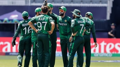 Pakistan's Imad Wasim, third right, celebrates with teammates after the run-out of Canada's Nicholas Kirton during the ICC Men's T20 World Cup (AP)