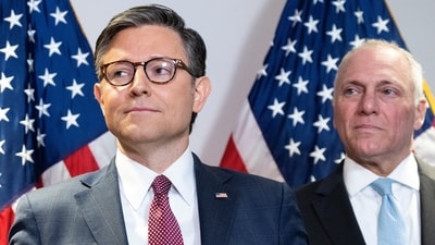 House Majority Leader Steve Scalise (R-LA) and U.S. Speaker of the House Mike Johnson (R-LA) attend a press conference at the Republican National Committee after a meeting with former President Donald Trump and the House Republican Conference, in Washington, U.S., June 13, 2024. Tom Williams/Pool via REUTERS (via REUTERS)