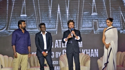 Shah Rukh Khan addresses a press conference on the success of his film Jawan, as director Atlee Kumar and actors Vijay Sethupathi and Deepika Padukone look on in Mumbai in 2023. (File Photo/ANI) Shah Rukh Khan addresses a press conference on the success of his film Jawan, as director Atlee Kumar and actors Vijay Sethupathi and Deepika Padukone look on in Mumbai in 2023. (File Photo/ANI)