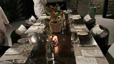 Shibani Dandekar shared another photo, albeit a blurry one, of a dinner table set up at the property as they hosted the singer-actor as well as Amrita Arora and others. Shibani Dandekar shared another photo, albeit a blurry one, of a dinner table set up at the property as they hosted the singer-actor as well as Amrita Arora and others.