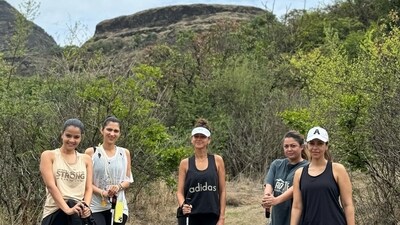Shibani Dandekar was seen with her friends in a picture taken during a hike. They were all dressed casually and looked into the camera as they posed. Shibani Dandekar was seen with her friends in a picture taken during a hike. They were all dressed casually and looked into the camera as they posed.