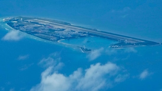 Chinese structures and buildings on the man-made Fiery Cross Reef at the Spratlys group of islands in the South China Sea . (AP)