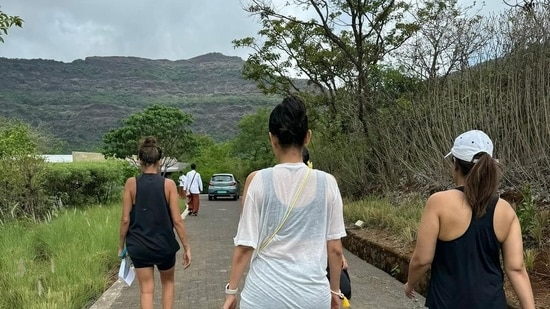 Shibani Dandekar shared a candid photo from their outing. She wrote in her caption, "Stunning views, tranquil surroundings and the opportunity to experience wellness, nature, luxury at its finest..."