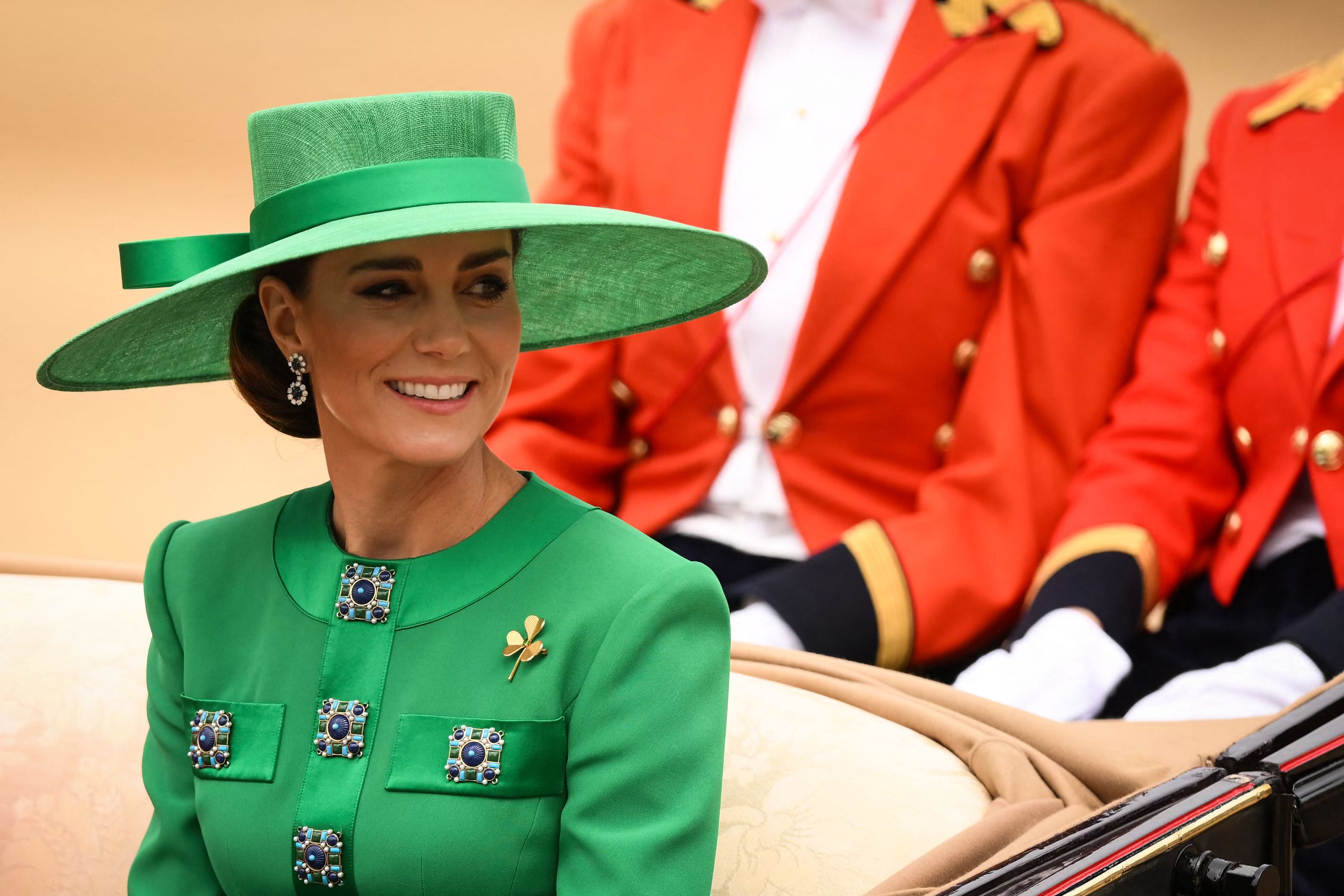 Catherine, Princess of Wales was spotted in green arrives in a horse-drawn carriage on Horse Guards Parade for the King's Birthday Parade, 'Trooping the Colour', in London on June 17, 2023. (AFP) Catherine, Princess of Wales was spotted in green arrives in a horse-drawn carriage on Horse Guards Parade for the King's Birthday Parade, 'Trooping the Colour', in London on June 17, 2023. (AFP)