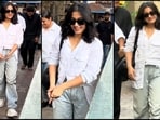 Rashmika Mandanna's latest look features a stylish white shirt and baggy denim pants. 
