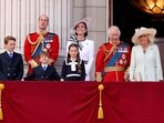 Britain's King Charles, Queen Camilla, William, Prince of Wales, Catherine, Princess of Wales, Prince George, Princess Charlotte, Prince Louis appear on the balcony of Buckingham Palace as part of the Trooping the Colour parade to honour Britain's King Charles on his official birthday in London, Britain, June 15, 2024. 