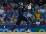 Namibia's David Wiese plays a shot against Scotland during an ICC Men's T20 World Cup cricket match at Kensington Oval in Bridgetown