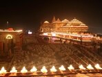 The illuminated Ram Mandir premises after its consecration ceremony, in Ayodhya, Uttar Pradesh, India on January 22. (PTI)