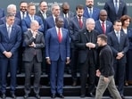 Ukrainian President Volodymyr Zelensky arrives for a photograph with heads of states and country representatives during the Summit on peace in Ukraine at the luxury Burgenstock resort, near Lucerne, in Switzerland on June 15, 2024. (AFP)