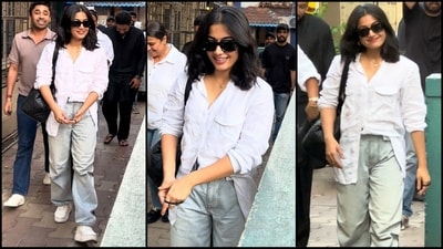 Rashmika Mandanna's latest look features a stylish white shirt and baggy denim pants. (HT Photo/VarinderChawla) Rashmika Mandanna's latest look features a stylish white shirt and baggy denim pants. (HT Photo/VarinderChawla)