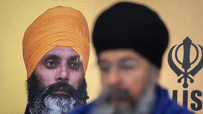 A photo of Hardeep Singh Nijjar is seen during a news conference providing an update from the Sikh community about Nijjar's homicide from June 18, 2023, in Surrey, British Columbia on May 3. (AP) A photo of Hardeep Singh Nijjar is seen during a news conference providing an update from the Sikh community about Nijjar's homicide from June 18, 2023, in Surrey, British Columbia on May 3. (AP)