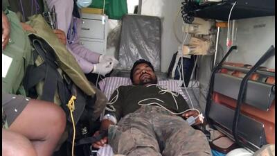 A security personnel who suffered injuries during an encounter with Naxalites in Chhattisgarh’s Narayanpur being treated on Saturday. (PTI) A security personnel who suffered injuries during an encounter with Naxalites in Chhattisgarh’s Narayanpur being treated on Saturday. (PTI)