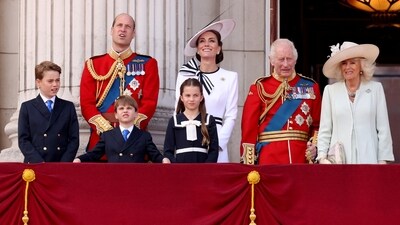 Britain's King Charles, Queen Camilla, William, Prince of Wales, Catherine, Princess of Wales, Prince George, Princess Charlotte, Prince Louis appear on the balcony of Buckingham Palace as part of the Trooping the Colour parade to honour Britain's King Charles on his official birthday in London, Britain, June 15, 2024. (REUTERS)