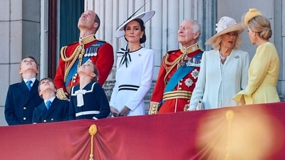 Kate Middleton attended the King's Birthday Parade "Trooping the Colour" ceremony with Prince George, Prince William, Prince Louis, Princess Charlotte, King Charles III, Queen Camilla, and others. For the event, she slipped into a white Jenny Packham dress with black trimmings and ribbon embellishments. Known for her love for sustainable fashion, Kate's new dress is an upcycled version of the ensemble the Royal wore last year on the eve of King Charles' coronation. She accessorised with pearl studs, a brooch, a fascinator hat, and black pumps. (AFP) Kate Middleton attended the King's Birthday Parade "Trooping the Colour" ceremony with Prince George, Prince William, Prince Louis, Princess Charlotte, King Charles III, Queen Camilla, and others. For the event, she slipped into a white Jenny Packham dress with black trimmings and ribbon embellishments. Known for her love for sustainable fashion, Kate's new dress is an upcycled version of the ensemble the Royal wore last year on the eve of King Charles' coronation. She accessorised with pearl studs, a brooch, a fascinator hat, and black pumps. (AFP)