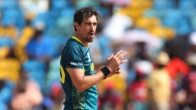 Australia's Mitchell Starc reacts during a T20 World Cup match (REUTERS)