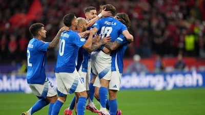 Italian players celebrate after Italy's Nicolo Barella scored his side's second goal during the Group B match between Italy and Albania at the Euro 2024 soccer tournament in Dortmund, Germany (AP) Italian players celebrate after Italy's Nicolo Barella scored his side's second goal during the Group B match between Italy and Albania at the Euro 2024 soccer tournament in Dortmund, Germany (AP)