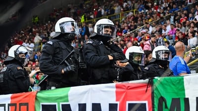 Members of a German Riot police unit stands guard prior to the UEFA Euro 2024 Group B football match (AFP) Members of a German Riot police unit stands guard prior to the UEFA Euro 2024 Group B football match (AFP)